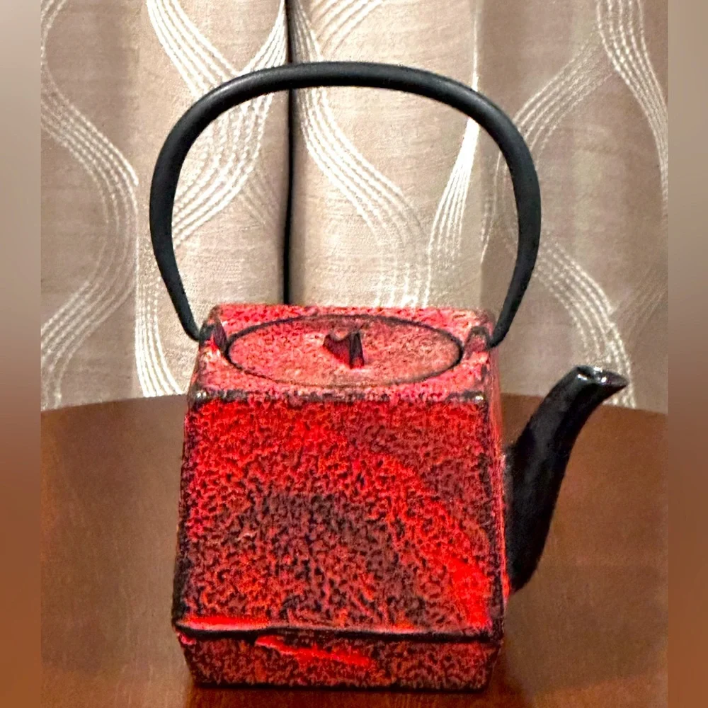 Red Cast Iron Teapot with Black Handle - Classic Home Kitchen Tea Kettle